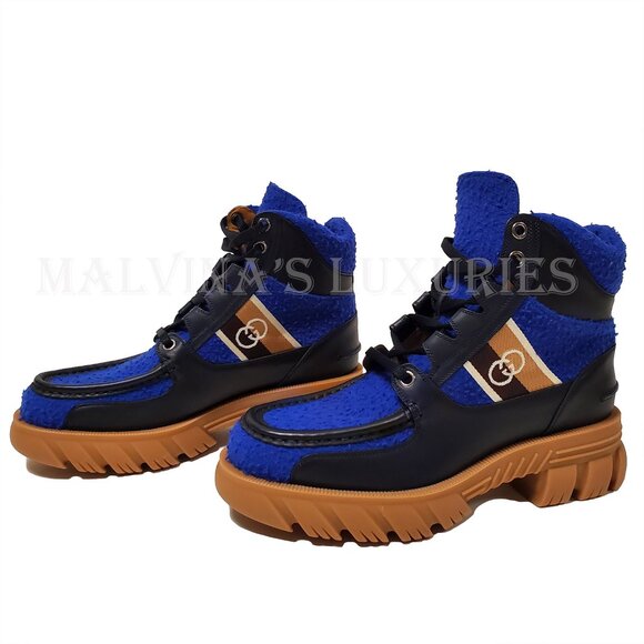 GUCCI MENS BOOTS ROMANCE CASY BLUE WOOL LEATHER LOGO LUG SOLE sz 9G 9.5 US - Picture 8 of 16